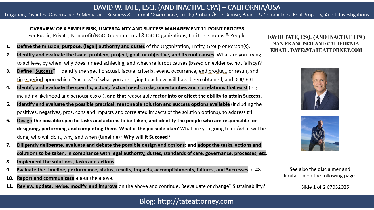David Risk Attorney Overview of a Simple Risk, Uncertainty and Success Management 11-Point ...